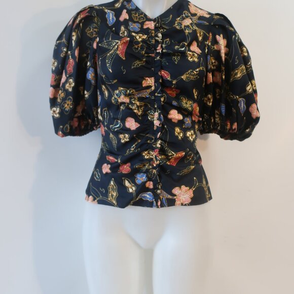 Womens Ulla Johnson 100% Silk Black, Multi Design Shirred Short Sleeve Top XS - Picture 6 of 10